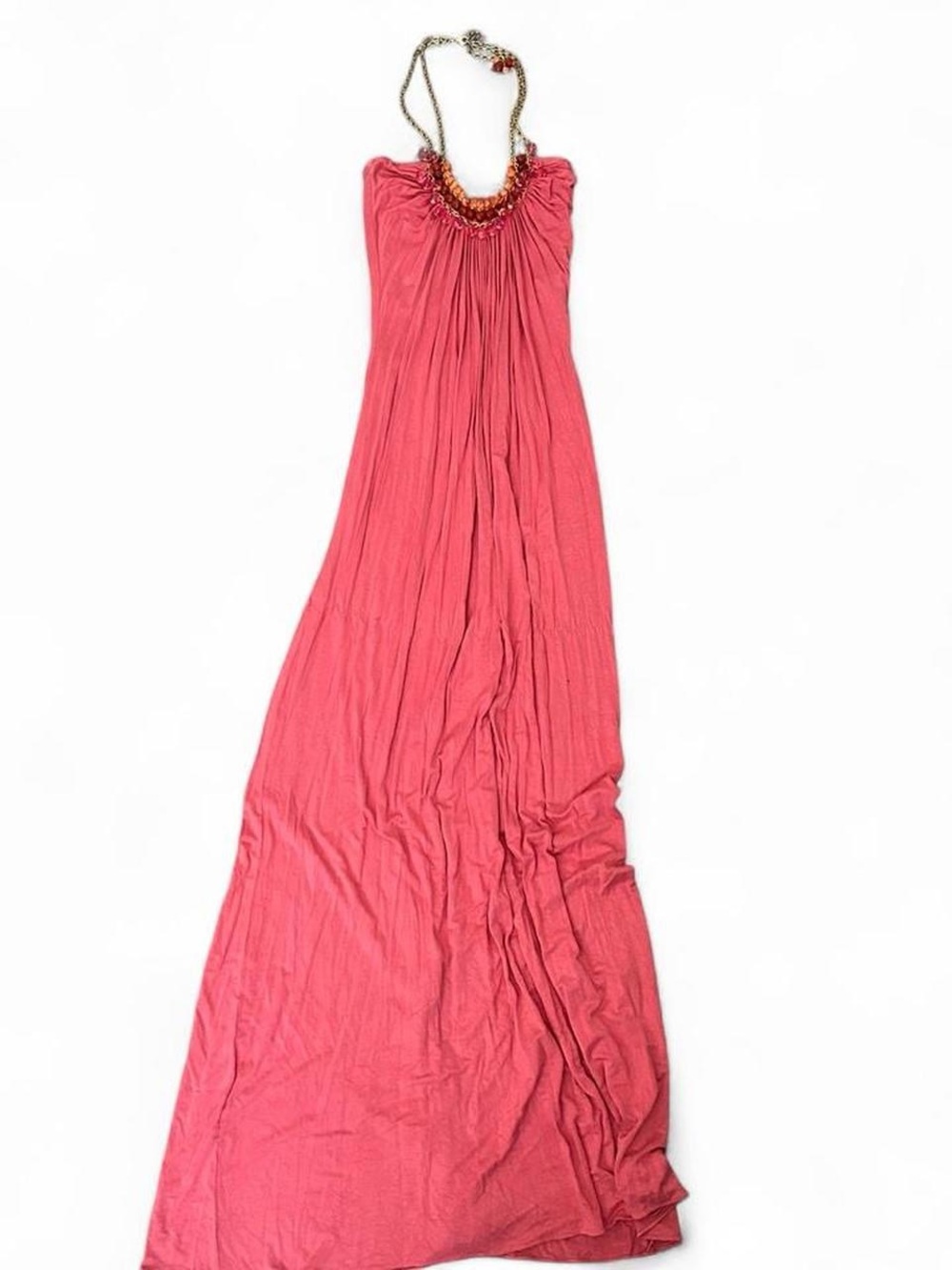 Sky Coral Pink Maxi Dress with Beaded Neckline